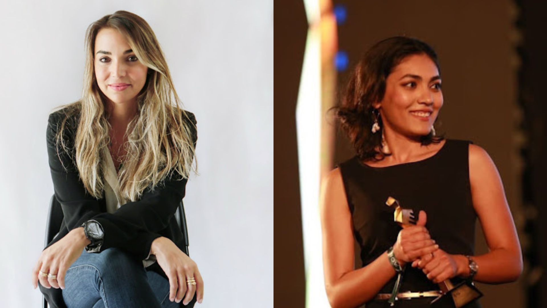 On the left, a picture of Dina Aly '04 crossing her legs while sitting on a chair and smiling at the camera; on the right, Fatma El Shenawy &lsquo;14 stands on a stage and looks away from the camera while smiling and holding an award 