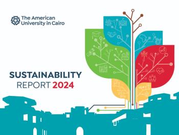 Green building and colorful leaves. Text: The American University in Cairo. Sustainability Report 2024